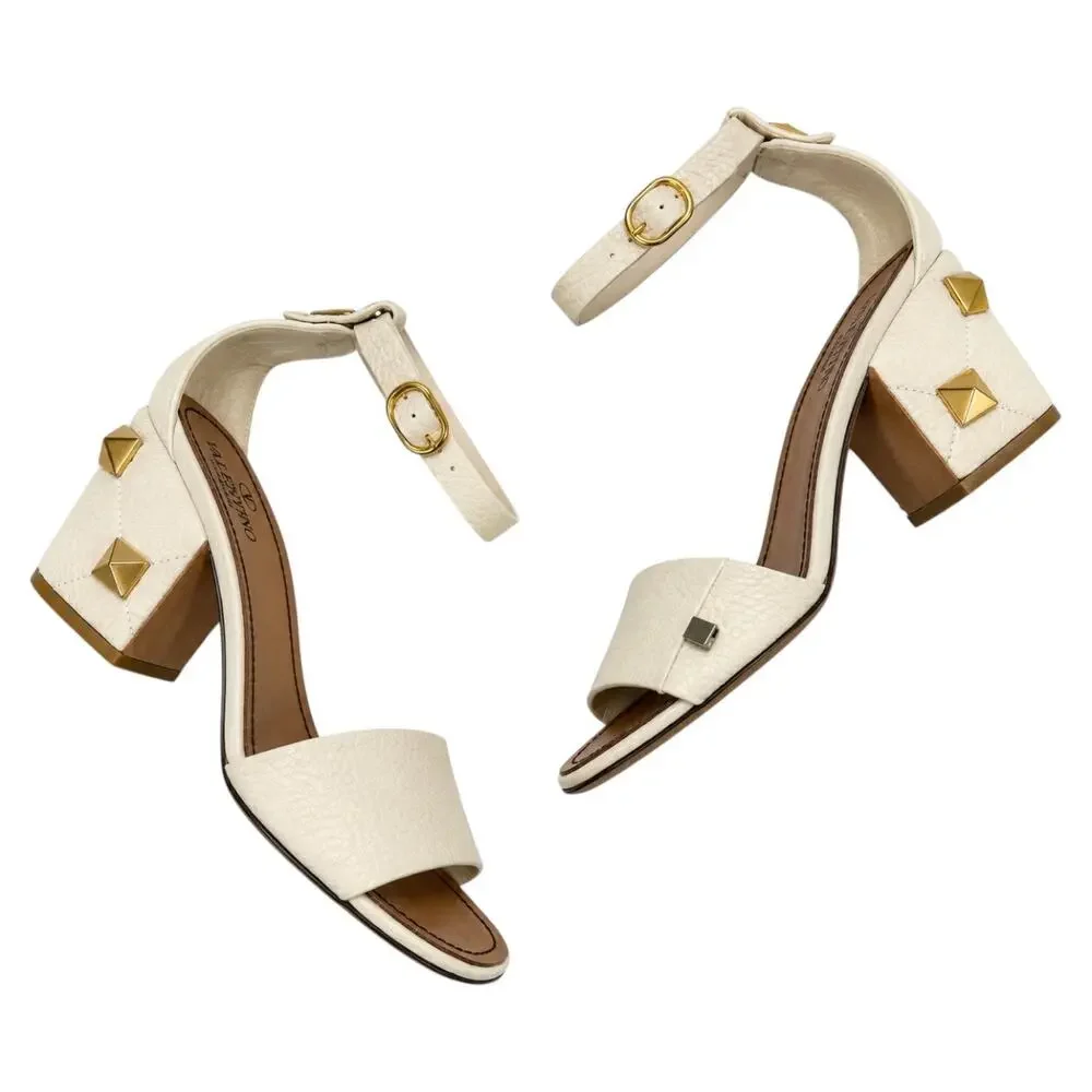 Valentino Garavani 75 Roman Stud Heel Leather Sandal Ivory Size 37.5